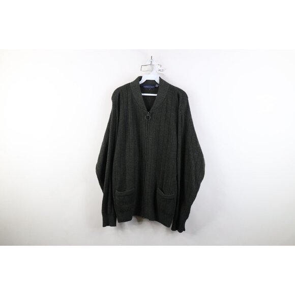 Vtg 90s Streetwear Mens XL Blank Chunky Ribbed Knit Zip Cardigan Sweater Green
